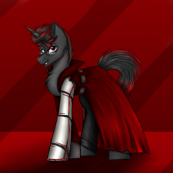 Size: 3000x3000 | Tagged: safe, artist:darklight1315, oc, oc only, oc:deadline, oc:decline, cyborg, cyborg pony, pony, unicorn, fallout equestria, amputee, augmented, clothes, coat, fallout equestria: mayday, glasses, horn, implants, leather, leather pants, pants, prosthetic leg, prosthetic limb, prosthetics, red eyes, sideburns, smiling, solo