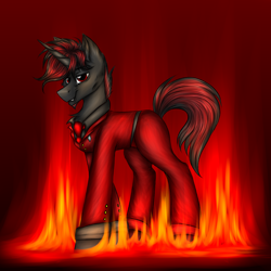 Size: 3000x3000 | Tagged: safe, artist:darklight1315, oc, oc only, oc:decline, oc:delight, pony, shadow pony, unicorn, fallout equestria, business suit, clothes, cufflinks, fallout equestria: mayday, fire, horn, looking at you, magic, necktie, red eyes, shirt, sideburns, smiling, smiling at you, solo, suit