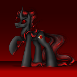 Size: 3000x3000 | Tagged: safe, artist:darklight1315, pony of shadows, oc, oc only, oc:catharsis, fallout equestria, g4, curved horn, fallout equestria: mayday, fangs, gradient background, horn, long tail, male, raised hoof, red background, red eyes, smiling, solo, stallion, tail