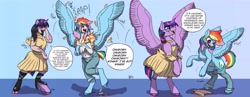 Size: 6400x2480 | Tagged: safe, artist:mcsplosion, rainbow dash, twilight sparkle, alicorn, human, pegasus, pony, g4, clothes, dialogue, duo, excited, female, gradient background, happy, high res, human to pony, ripping clothes, speech bubble, spread wings, transformation, transformation sequence, twilight sparkle (alicorn), wings