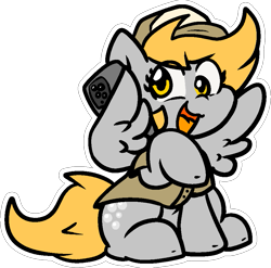 Size: 903x893 | Tagged: safe, artist:zutcha, derpy hooves, pegasus, pony, g4, cellphone, cute, derpabetes, female, mailmare uniform, mare, open mouth, open smile, outline, phone, simple background, sitting, smartphone, smiling, solo, transparent background, white outline, wing hold, wings