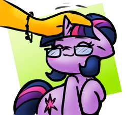 Size: 840x759 | Tagged: safe, artist:zutcha, sci-twi, sunset shimmer, twilight sparkle, human, pony, unicorn, equestria girls, g4, bracelet, cute, duo, duo female, eyes closed, female, glasses, hair bun, head pat, horn, jewelry, mare, offscreen character, passepartout, pat, pony pet, smiling, twiabetes, unicorn sci-twi