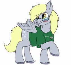 Size: 2680x2436 | Tagged: safe, artist:mcsplosion, derpy hooves, pegasus, pony, g4, blushing, clothes, female, frown, glasses, high res, human to pony, mare, post-transformation, raised hoof, shirt, simple background, t-shirt, transformation, white background