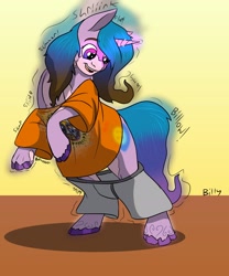 Size: 2480x2984 | Tagged: safe, artist:mcsplosion, izzy moonbow, human, pony, unicorn, g5, clothes, glowing, glowing horn, high res, horn, human to pony, looking down, pants, shirt, smiling, solo, t-shirt, transformation