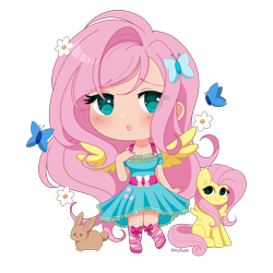 Size: 5000x5000 | Tagged: safe, artist:kittyrosie, kotobukiya, fluttershy, butterfly, human, pegasus, pony, rabbit, g4, animal, butterfly hairpin, chibi, cute, female, flower, heart, heart eyes, human ponidox, humanized, kotobukiya fluttershy, open mouth, self paradox, self ponidox, shyabetes, simple background, solo, transparent background, wingding eyes, winged humanization, wings