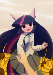 Size: 1200x1688 | Tagged: safe, artist:howxu, twilight sparkle, anthro, g4, breasts, clothes, commission, cute, flower, looking at you, male, male pov, necktie, offscreen character, offscreen male, open mouth, open smile, outdoors, pov, school uniform, signature, smiling, sunflower, twiabetes