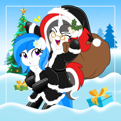 Size: 5000x5000 | Tagged: safe, artist:jhayarr23, oc, oc:red rocket, oc:winter white, pegasus, unicorn, boots, christmas, christmas tree, clothes, costume, gloves, hat, holiday, horn, latex, mistleholly, outdoors, pegasus oc, present, santa costume, santa hat, shoes, snow, tree, unicorn oc