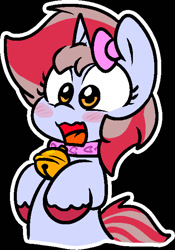 Size: 457x652 | Tagged: safe, artist:zutcha, oc, oc only, oc:cinnamon lightning, pony, unicorn, bell, bell collar, black background, blush lines, blush sticker, blushing, bow, bust, collar, female, hair bow, horn, mare, open mouth, open smile, outline, simple background, smiling, solo, unshorn fetlocks, white outline