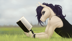 Size: 1280x720 | Tagged: safe, artist:dementra369, oc, oc only, oc:coffin, anthro, accessory, book, clothes, cloud, cloudy, ear piercing, grass, grass field, lying down, makeup, male, outdoors, piercing, ponytail, prone, reading, scar, solo, tank top