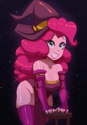 Size: 2650x3795 | Tagged: safe, artist:andrehell, artist:axel_hell, pinkie pie, human, equestria girls, g4, breasts, busty pinkie pie, cleavage, clothes, costume, female, grin, halloween, halloween costume, hat, high res, looking at you, requested art, smiling, smiling at you, solo, witch hat