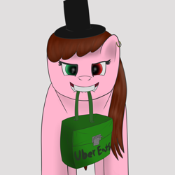 Size: 1400x1400 | Tagged: safe, artist:welderanon, oc, oc only, oc:five bits, earth pony, pony, bag, belly button, crotchboobs, ear piercing, earring, female, gray background, hat, heterochromia, jewelry, lip bite, looking at you, mare, simple background, solo, staring at you, teats, top hat