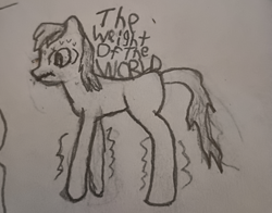 Size: 1467x1152 | Tagged: safe, artist:carbonemberspark, earth pony, pony, female, mare, pun, sketch, solo, text, traditional art, visual gag, visual pun