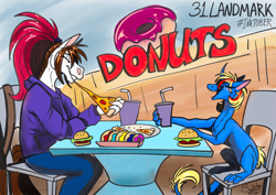 Size: 1600x1130 | Tagged: safe, artist:sunny way, oc, oc:alirfesta felastis, oc:sunny way, horse, ki'rinaes, original species, anthro, anthro horse, art, artwork, backpack, burger, digital art, donut, duo, eating, fast food, female, food, furry, happy, inktober, inktober 2024, landmark, mare, open mouth, pizza, sketch, smiling, soda