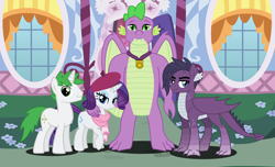 Size: 3064x1864 | Tagged: safe, artist:marbowsta, rarity, spike, oc, oc:chrome steel, oc:zircon, dracony, dragon, hybrid, pony, unicorn, g4, adult, adult spike, base used, beret, carousel boutique, clothes, female, hat, horn, interspecies offspring, looking at you, male, offspring, older, older spike, outdoors, parent:rarity, parent:spike, parents:sparity, scarf, ship:sparity, shipping, smiling, smiling at you, stallion, straight, winged spike, wings