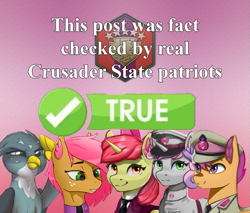 Size: 619x528 | Tagged: safe, artist:callsign-echo, artist:mrscroup, artist:mustaphatr, artist:printik, edit, apple bloom, babs seed, gabby, scootaloo, sweetie belle, alicorn, earth pony, griffon, pegasus, pony, unicorn, equestria at war mod, g4, alicornified, bloomicorn, cap, clothes, cmc world conquest timeline, cutie mark crusaders, fact check, hat, horn, meme, military uniform, necktie, older, older apple bloom, older babs seed, older scootaloo, older sweetie belle, race swap, salute, stellaris, uniform