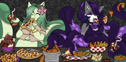 Size: 3652x1792 | Tagged: safe, artist:blazep0ny, oc, oc only, oc:lamey, oc:stella, fish, hybrid, lamia, octopus, original species, snake, snake pony, wolf, anthro, belly, belly button, buffet, burger, chicken meat, chips, chubby, clothes, cookie, duo, eating, eyes closed, female, flower, flower in hair, food, french fries, fried chicken, furry, furry oc, hamburger, ice cream, mare, meat, nachos, noodles, pizza, soda