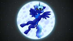 Size: 3840x2160 | Tagged: safe, artist:twinky, oc, oc only, oc:night sky (polak23), alicorn, pony, alicorn oc, blue eyes, chest fluff, full moon, horn, looking at you, moon, outdoors, sharp horn, smiling, solo, spread wings, wings