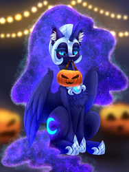 Size: 2304x3072 | Tagged: safe, artist:taiweiart, nightmare moon, alicorn, pony, g4, belly, blushing, concave belly, fangs, female, halloween, holiday, hoof shoes, human shoulders, jack-o-lantern, lights, mare, mouth hold, nightmare night, outdoors, pumpkin, pumpkin bucket, sitting, slender, solo, thin