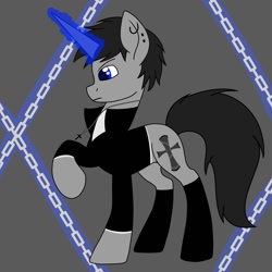 Size: 1500x1500 | Tagged: safe, artist:ruchiyoto, oc, oc only, oc:black cross, pony, unicorn, boots, chains, clothes, ear piercing, horn, jewelry, magic, male, necklace, piercing, shoes, simple background, solo, stallion