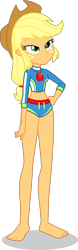 Size: 1250x4024 | Tagged: safe, alternate version, artist:dustinwatsongkx, applejack, equestria girls, g4, applejack's beach shorts swimsuit, applejack's hat, barefoot, clothes, cowboy hat, feet, female, geode of super strength, hat, lidded eyes, magical geodes, simple background, solo, swimsuit, transparent background