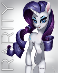 Size: 1600x2000 | Tagged: safe, artist:raritymylove, rarity, pony, unicorn, g4, blushing, female, gradient background, horn, looking at you, mare, raised hoof, solo, standing