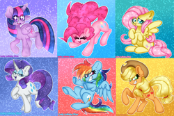 Size: 5994x3996 | Tagged: safe, artist:ladylullabystar, applejack, fluttershy, pinkie pie, rainbow dash, rarity, twilight sparkle, alicorn, pony, g4, mane six, raised hoof, starry eyes, twilight sparkle (alicorn), wingding eyes