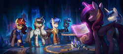 Size: 4866x2160 | Tagged: safe, artist:mrscroup, princess cadance, shining armor, oc, oc:ardent kindheart, oc:midnight lancer, oc:obsidian limelight, oc:starlit beacon, alicorn, crystal pony, pegasus, unicorn, equestria at war mod, g4, clothes, female, horn, male, map, mare, stallion, uniform, wings