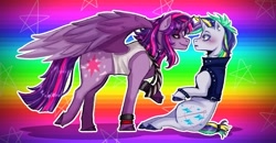 Size: 2300x1200 | Tagged: safe, artist:slapearl, rarity, twilight sparkle, alicorn, pony, unicorn, g4, alternate hairstyle, bedroom eyes, blushing, clothes, duo, duo female, ear piercing, earring, eyeshadow, female, gradient background, horn, jacket, jewelry, leather, leather jacket, lesbian, lipstick, looking at each other, looking at someone, makeup, mare, necktie, piercing, punk, rainbow, rainbow background, raripunk, ship:rarilight, shipping, sitting, spiked wristband, tank top, twilight sparkle (alicorn), unshorn fetlocks, wristband