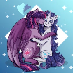 Size: 1700x1700 | Tagged: safe, artist:slapearl, rarity, twilight sparkle, alicorn, pony, unicorn, g4, alternate hairstyle, blushing, cute, duo, duo female, eyes closed, eyeshadow, female, grin, horn, hug, lesbian, lipstick, makeup, mare, one eye closed, raribetes, ship:rarilight, shipping, smiling, twiabetes, twilight sparkle (alicorn), unshorn fetlocks, wink