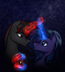 Size: 2601x2871 | Tagged: safe, artist:darklight1315, oc, oc only, oc:decline, oc:mayday, pony, unicorn, fallout equestria, beanie, blue eyes, duo, engagement ring, fallout equestria: mayday, female, glowing, glowing horn, hat, horn, jewelry, magic, magic aura, male, mare, mare and stallion, marriage proposal, night, pre-war, red eyes, ring, stallion, starry night, stars