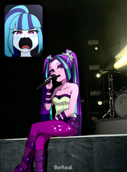 Size: 1411x1898 | Tagged: safe, artist:nekojackun, aria blaze, sonata dusk, human, equestria girls, g4, 2d, bangs, bare shoulders, belt, bereal., blushing, boots, clothes, crossed legs, denim, drum kit, drums, duo, duo female, eyeshadow, female, jeans, lesbian, makeup, meme, microphone, musical instrument, open mouth, pants, pigtails, ponytail, screaming, screaming fan meme, ship:arisona, shipping, shirt, shoes, singing, sleeveless, strapless, twintails