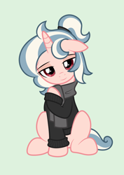 Size: 2480x3508 | Tagged: safe, artist:return 0, oc, oc only, oc:vivi poff, pony, unicorn, g4, clothes, floppy ears, horn, lidded eyes, looking at you, scarf, show accurate, simple background, solo, sweater