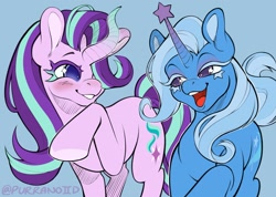 Size: 2048x1459 | Tagged: safe, artist:purranoiid, starlight glimmer, trixie, pony, unicorn, blue background, blue eyelashes, blue pupils, colored eyelashes, colored hooves, colored pinnae, colored pupils, curved horn, duo, duo female, female, gradient eyelashes, gradient horn, grin, hair over one eye, hooves, horn, lesbian, looking at each other, looking at someone, mare, open mouth, open smile, purple eyelashes, purple pupils, raised hoof, round ears, ship:startrix, shipping, simple background, smiling, starry eyes, unusual horn, walking, wingding eyes