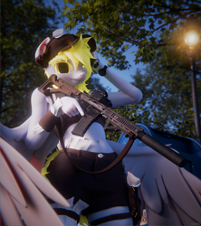 Size: 4437x5000 | Tagged: safe, artist:dark-fic, derpy hooves, pegasus, anthro, g4, 3d, absurd file size, absurd resolution, ar-15, belly, belly button, clothes, colored eyelashes, female, gun, lamppost, letter, looking at you, mail, mailbox, mailmare, outdoors, rifle, solo, suppressor, trigger discipline, weapon