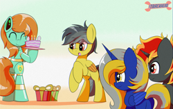 Size: 2000x1255 | Tagged: safe, artist:trackheadtherobopony, oc, oc:goldheart, oc:hemi blaze, oc:thunder (fl), oc:trixie blaze, alicorn, pegasus, pony, robot, robot pony, birthday, cake, food, not daring do, present