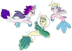 Size: 2912x2083 | Tagged: safe, artist:supahdonarudo, destiny (g5), queen calla lily, queen novo, seapony (g4), series:novoember, g4, g5, bubble, clothes, crown, dorsal fin, dress, female, fin, fin wings, fins, fish tail, flowing mane, flowing tail, generation leap, hairpin, horn, jewelry, looking at each other, looking at someone, necklace, ocean, pearl necklace, regalia, simple background, smiling, smiling at each other, swimming, tail, transparent background, trio, underwater, water, wings