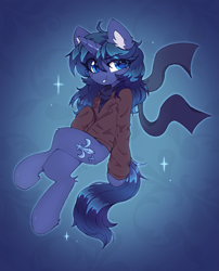 Size: 1045x1292 | Tagged: safe, artist:flixanoa, oc, oc only, oc:arclight, unicorn, semi-anthro, abstract background, ahoge, blue coat, blue eyelashes, blue eyes, blue mane, blue pupils, blue tail, butt fluff, clothes, colored eyelashes, colored pinnae, colored pupils, commission, crossed legs, cyan eyes, ear fluff, eye clipping through hair, eyebrows, eyebrows visible through hair, eyelashes, female, female oc, glowing outline, gradient background, hock fluff, horn, human shoulders, jacket, leg fluff, looking back, mare, mare oc, outline, raised hoof, scarf, shiny eyes, shiny horn, shiny mane, shiny tail, sitting, slender, smiling, solo, sparkles, tail, thick horn, thin, three quarter view, turtleneck, unicorn horn, unicorn oc