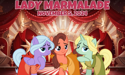 Size: 2064x1242 | Tagged: safe, artist:cloudy glow, artist:not-yet-a-brony, dear darling, fond feather, swoon song, earth pony, pegasus, pony, unicorn, g4, 2024, bimbettes, clothes, dress, female, horn, labelle, lady marmalade, lyrics in the description, mare, moulin rouge, movie reference, november, song in the description, song reference, trio, trio female, youtube link in the description