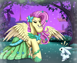 Size: 3561x2940 | Tagged: safe, artist:pridark, angel bunny, fluttershy, lord tirek, pegasus, pony, rabbit, g4, abomination, animal, clothes, cursed image, dress, face swap, female, flutterek, gala dress, mare, nightmare fuel, nose piercing, nose ring, not salmon, outdoors, piercing, wat, what has science done