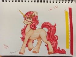 Size: 1280x961 | Tagged: safe, artist:jjsh, oc, oc only, pony, unicorn, evil, female, horn, long tail, mare, marker drawing, sketchbook, solo, tail, traditional art