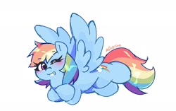 Size: 2048x1287 | Tagged: safe, artist:leo19969525, rainbow dash, pegasus, pony, g4, backwards cutie mark, blushing, crossed arms, cute, dashabetes, female, grin, looking at you, lying down, mare, one eye closed, prone, simple background, smiling, solo, spread wings, white background, wings, wink, winking at you