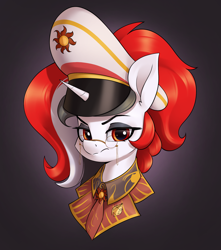 Size: 2125x2400 | Tagged: safe, artist:aquaticvibes, oc, oc only, oc:red rocket, pony, unicorn, equestria at war mod, badge, clothes, collar, glasses, hat, horn, looking at you, necktie, peaked cap, ponytail, solo, unicorn oc