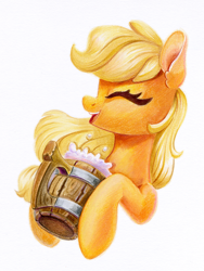 Size: 900x1200 | Tagged: safe, artist:maytee, part of a set, applejack, earth pony, pony, g4, apple cider, cider, cider mug, colored pencil drawing, eyes closed, female, hatless, mare, missing accessory, mug, open mouth, open smile, simple background, smiling, solo, traditional art, white background