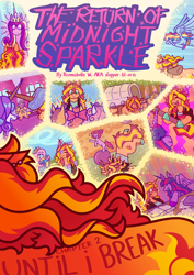 Size: 1280x1812 | Tagged: safe, artist:dapperlilarts, apple bloom, applejack, fluttershy, princess cadance, rainbow dash, rarity, scootaloo, sunset shimmer, sweetie belle, twilight sparkle, alicorn, butterfly, earth pony, pegasus, unicorn, fanfic:the return of midnight sparkle, g4, blushing, book, carriage, clothes, cover art, cutie mark crusaders, electric guitar, emanata, fanfic, fanfic art, fanfic cover, female, guitar, hat, horn, implied lesbian, implied shipping, implied sunsetsparkle, looking at someone, musical instrument, sun hat, sunglasses, sweat, text, twilight sparkle (alicorn)