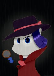 Size: 2480x3508 | Tagged: safe, artist:samenandsam, rarity, pony, unicorn, g4, my little pony: friendship is magic, rarity investigates, bust, clothes, detective, detective rarity, female, gradient background, hat, high res, looking at you, magic, magic aura, magnifying glass, mare, portrait, rain, smiling, solo, telekinesis