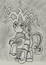 Size: 723x1019 | Tagged: safe, artist:grimmyweirdy, sweetie belle, pony, robot, robot pony, fanfic:sweetie - the magical little bot, g4, electricity, fanfic, fanfic art, fanfic cover, female, monochrome, sweetie bot, traditional art