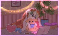 Size: 7790x4713 | Tagged: safe, artist:olivi, oc, pony, unicorn, comfy, commission, computer, dim light, flower, garland, horn, indoors, laptop computer, passepartout, pillow, plant, plushie, solo, teddy bear, ych result