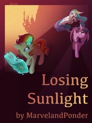 Size: 768x1024 | Tagged: safe, artist:kiki-kit, editor:amber spark, princess celestia, sunset shimmer, twilight sparkle, alicorn, unicorn, g4, book, canterlot, cover art, female, glowing, glowing horn, horn, journey book, levitation, magic, outdoors, sunset's journal, telekinesis, text, twilight sparkle (alicorn)