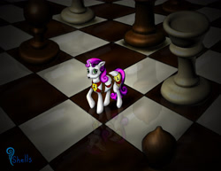 Size: 3300x2550 | Tagged: safe, artist:shells124, sweetie belle, pony, unicorn, fanfic:dusk's dangerous game, g4, chess, chess piece, chessboard, fanfic, fanfic art, fanfic cover, horn, watermark