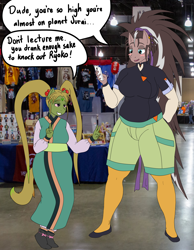 Size: 3500x4500 | Tagged: safe, artist:traphousefluttershy, oc, oc only, anthro, clothes, convention, cosplay, costume, duo, irl background, real life background, sasami, speech bubble, tenchi muyo, washu